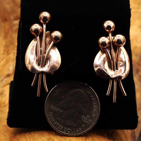 Vintage Napier Sterling Modernist Leaf & Buds Earrings Gold Vermeil Clip-ons - Picture 6 of 10